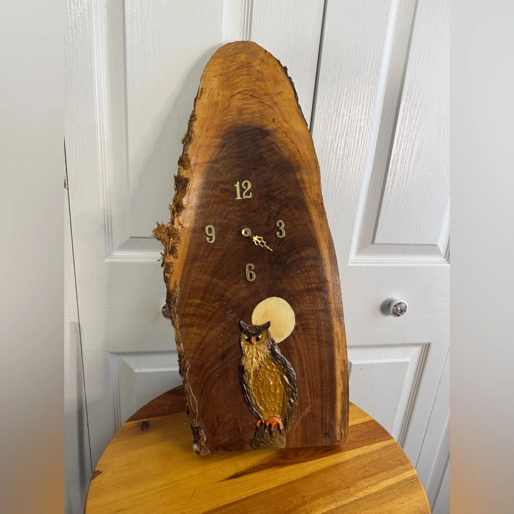 MCM wood slab with painted owl clock signed JO 1979